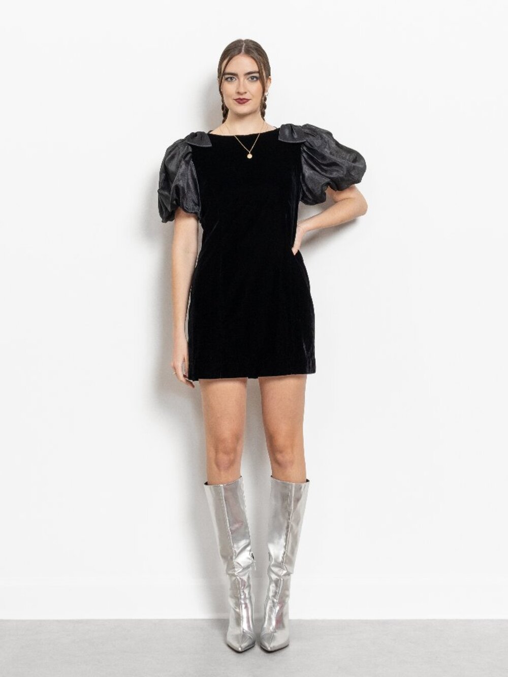 VELVET HOLIDAY DRESS Cocktail Mini Black Velour Vintage Puff Sleeves Rhinestones